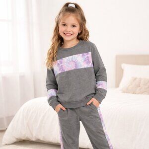 BCBG Girls Pajama Set L 14/16 Gray Purple Tie Dye Trim Lounge Sleepwear